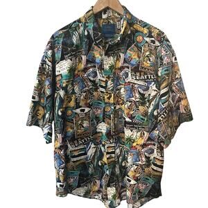 LOBO by Pendleton Shirt VTG Mens Hawaiian Multi Color Newspaper Print Retro XL
